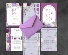 the wedding stationery is set up with an envelope, flowers and clock on it