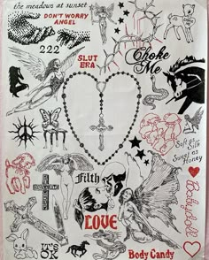 a white sheet with tattoos on it and some words in the shape of a heart