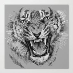 a black and white drawing of a tiger's face with it's mouth open