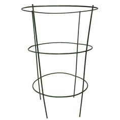 a green metal shelf with two circular shelves