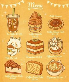 a menu with different types of desserts and drinks