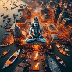 a large statue sitting on top of a body of water surrounded by boats and buildings