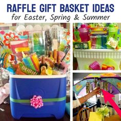 a collage of photos with the words raffle gift basket ideas for easter, spring and summer