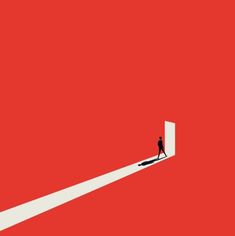 a person walking towards an open door on a red background with white lines going through it