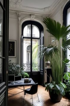 a living room filled with furniture and lots of plants on top of wooden flooring