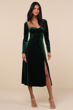 Precious Impression Emerald Green Velvet Bustier Midi Dress Midi Christmas Dress, Green Velvet Long Sleeve Dress, Cold Outdoor Wedding Outfit Guest, Green Velvet Dress Long Sleeve, Work Holiday Party Dress, Formal Winter Dress, Green Dress With Sleeves, Emerald Velvet Dress, Velvet Red Dress