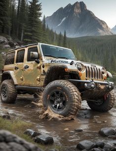 a yellow jeep driving through some water in the mountains with rocks and trees around it