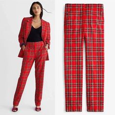 A Tartan Twist On The Customer-Favorite Kate Pant. . . - Our Same Full-Length, Straight-Leg Fit, Now In Good Tidings Plaid. P.S. Pair It With The Matching Plaid Willa Blazer For The Ultimate Party Suit. Nwt. No Known Flaws. Waist Laying Flat Approximately 15” Rise Approximately 10” Inseam Approximately 28” Khaki Pants Women, Navy Dress Pants, Khaki Chino Pants, Pixie Pants, Party Suits, J Crew Dress, Slim Trousers, Blue Trousers, Red Tartan