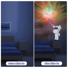 two pictures of the same spaceman in different rooms