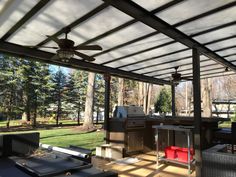 a covered patio with grills and chairs