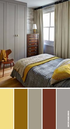 a bedroom with yellow and brown colors on the walls