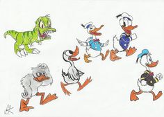 several cartoon birds and dinosaurs are depicted in this drawing, including one with an alligator's head