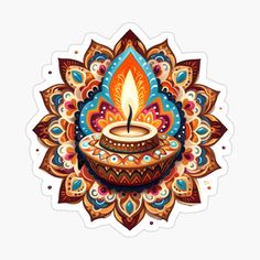 a decorative sticker with a lit candle on it's center and colorful designs