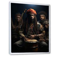 a group of men sitting next to each other in front of a black background with a drum