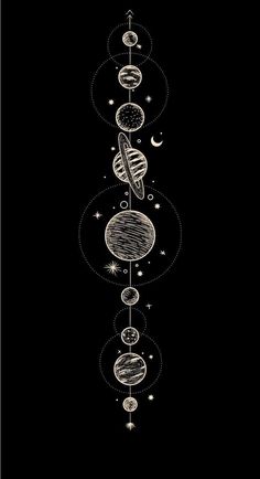 an image of the planets in space with stars and circles around them on a black background