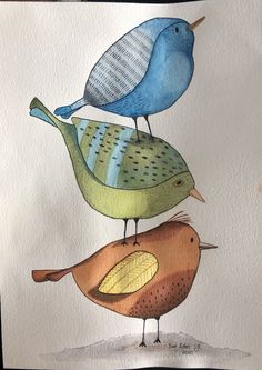 three birds sitting on top of each other in watercolor and ink, one is blue