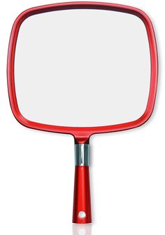 a close up of a red mirror on a white background