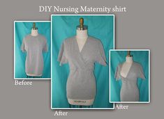 three different views of a nursing gown on a mannequin headdress, with instructions for how to sew