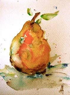 a watercolor painting of a pear with green leaves