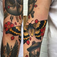 two tattoos on the arms of people with birds and moths in them, one is wearing a top hat