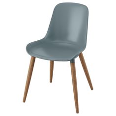 a blue chair with wooden legs on a white background