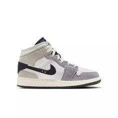 Jordan 1 Mid SE "Cement Grey/Black/White/Tech Grey" Grade School Boys\' Shoe View 1 Teen Boys Shoes, Teen Boy Shoes, Nike Signs, Air Jordan 1 Mid Se, Jumpman Logo, Cement Gray, Wings Logo, Basketball Sneakers, Air Jordan 1 Mid