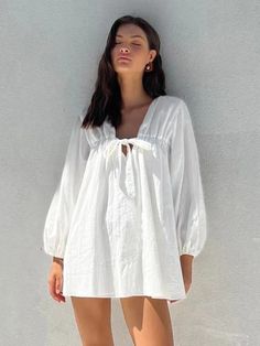 Spring Senior Pictures Outfits, Bow Mini Dress, Babydoll Blouse, White Cotton Dress, Top Ideas, Lantern Sleeve, Long Sleeve Shirt Dress, Lantern Sleeves, Babydoll Dress