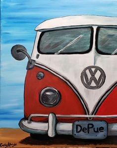 a painting of a vw bus parked on the beach