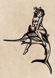 a drawing of a woman sitting on top of a dolphin