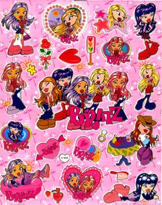 a pink poster with many different cartoon characters on it's back side and the words brat