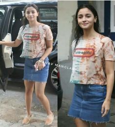 two pictures of the same woman in different outfits, one is wearing a tie dye t - shirt