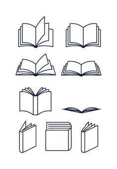 an open book and several other books on a white background