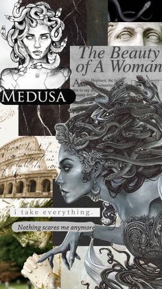 the collage has many different images and words on it, including an image of a woman's face