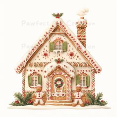 a gingerbread house with holly wreaths and candy canes on the front door