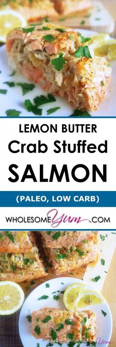 lemon butter crab stuffed salmon on a white plate