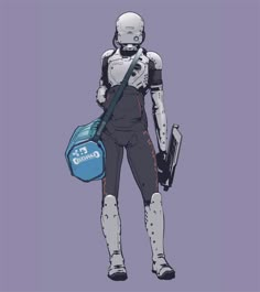 the robot is holding a blue bag and standing in front of a purple background with an inscription