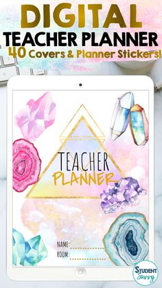 the teacher planner is on top of a tablet with flowers and other items around it