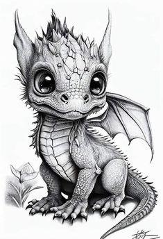 a drawing of a baby dragon with big eyes and wings on it's head