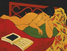 a painting of a person laying on a bed with an open book next to it