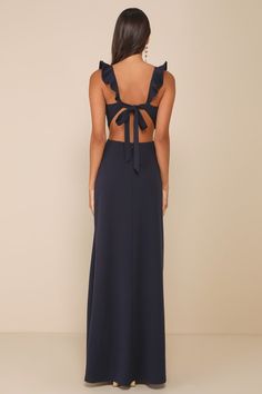 Navy Ruffle Maxi Dress - Tie-Back Maxi Dress - Cutout Maxi Dress - Lulus Casual Formal Dresses, Backless Maxi Dress, Ruffle Maxi Dress, Tall People, Cutout Maxi Dress, Adhesive Bra, Backless Maxi Dresses, Blue Maxi, Maxi Dress Formal