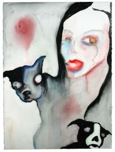 a painting of a woman and cat with red eyes