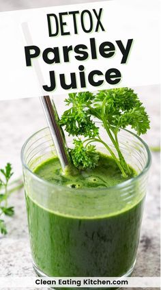 This recipe for Parsley Juice is a healthy green juice that is full of hydrating nutrition. Parsley is known for its energizing and detoxifying properties. Enjoy this green juice in the morning or at any time of day. Save this pin for your next juice cleanse or juice detox! Parsley Drink Recipes, Parsley In Smoothies, Parsley Recipes Drink, Parsley Juice Recipe, Carrot Juice Recipe Juicers Healthy, Parsley Drink, Parsley Juice, Healthy Green Juice