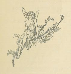 a drawing of a fairy sitting on top of a tree branch with flowers and leaves