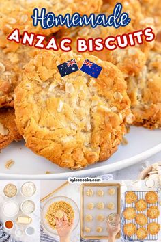 homemade anzac biscuits on a white plate with australian flag cookies and other desserts in the background