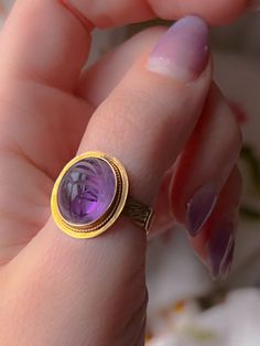 Superb Vintage Egyptian Revival Amethyst Scarab Ring Luxury Round Cabochon Amethyst Ring, Luxury Yellow Gold Amethyst Ring Oval Cabochon, Luxury Amethyst Cabochon Ring For Formal Occasions, Luxury Formal Cabochon Amethyst Ring, Luxury Formal Amethyst Cabochon Ring, Luxury Purple Cabochon Amethyst Ring, Luxury Purple Amethyst Cabochon Ring, Luxury Polished Oval Amethyst Ring, Formal Purple Cabochon Amethyst Ring