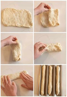 the process for making bread is being made with dough and rolling it on a roller