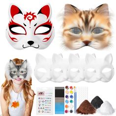 a woman wearing a cat mask next to other items