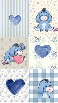 four different pictures of blue and white animals with hearts in their paws, one on the ground