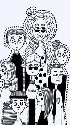 a black and white drawing of people with different facial expressions on their faces, all looking at the same person's face