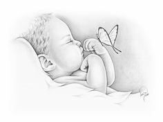 a drawing of a baby sleeping with a butterfly on his shoulder